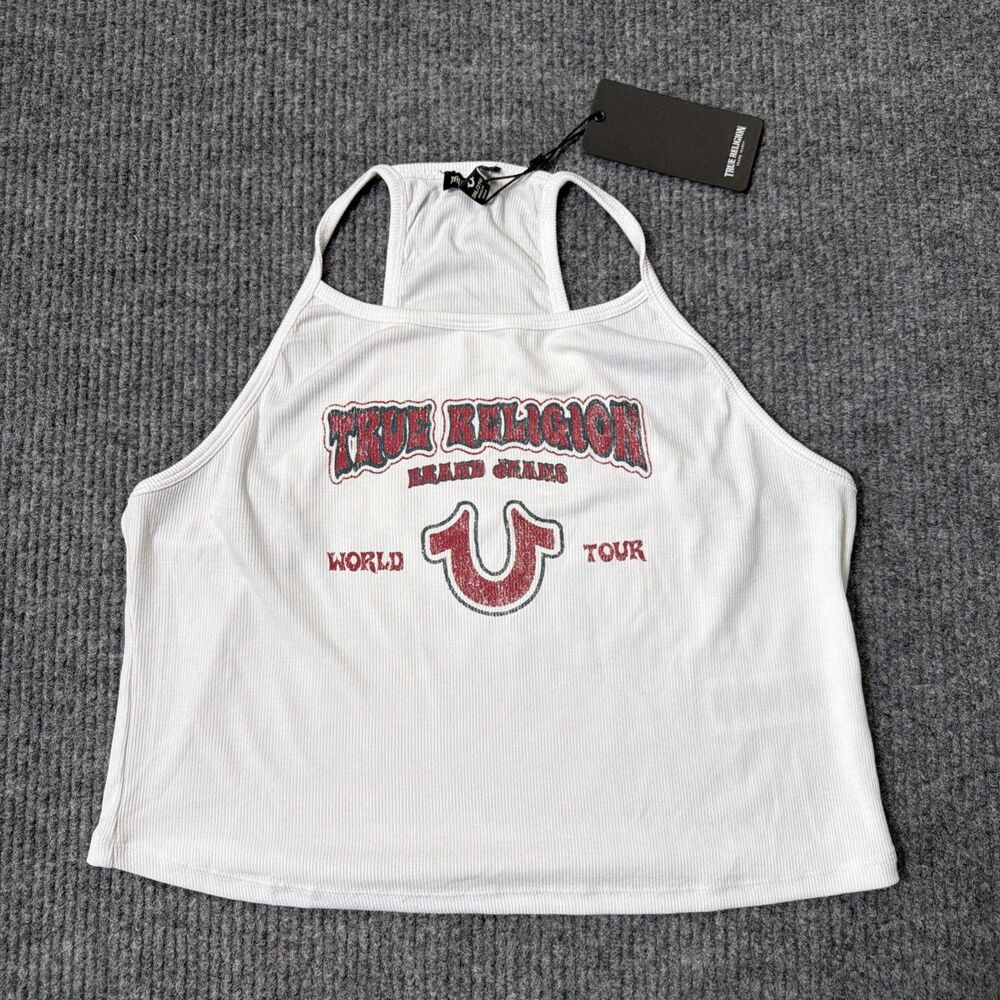 True Religion Women XXL White Ribbed World Tour Graphic Tank Top Y2K 2XL NEW